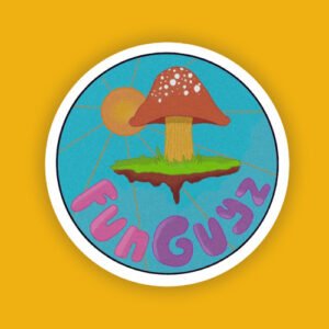 funguyz logo custom eco-friendly sticker, eco-friendly stickers, mushroom design, vibrant colours